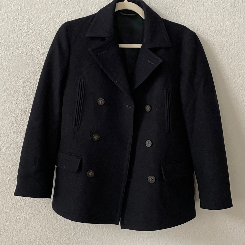 Ralph Lauren Navy Blue Wool Cropped Double Breasted Petite Coat Jackets 12R